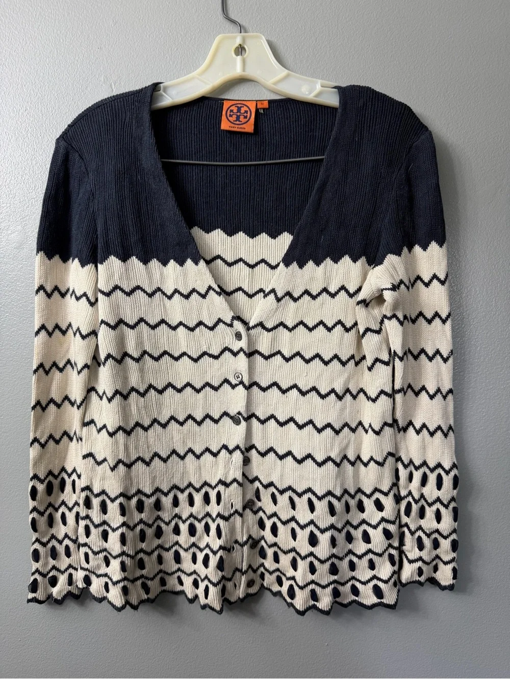 Tory Burch Deep women’s button front striped cardigan sweater silk ribbon detail